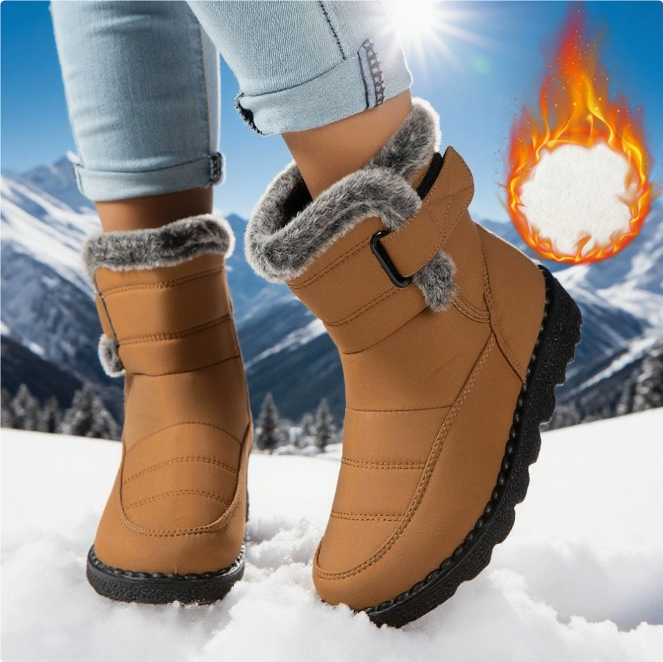 Brown winter boots with fur trim worn in the snow, with a mountainous background.