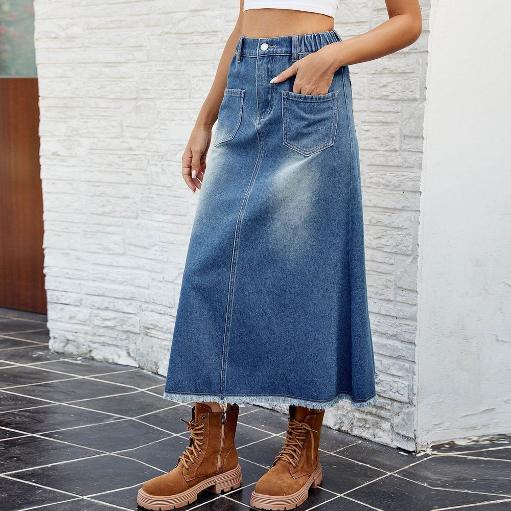 European And American Washed Frayed Hem Blue Denim Midi Skirt - EX-STOCK Canada