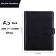 Black A5 notebook with dimensions on a white background