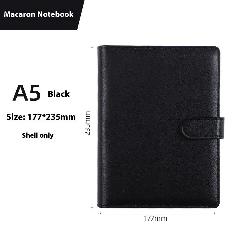 Black A5 notebook with dimensions on a white background