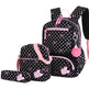 Black polka dot backpack with pink accents and a matching pouch on a white background