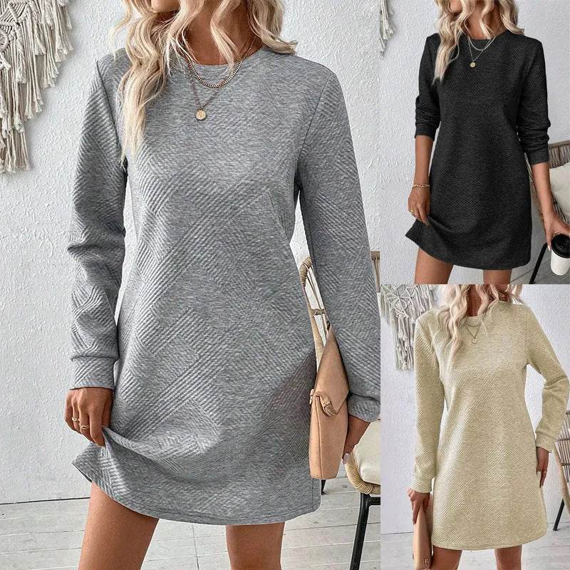 Casual Fashion Plain Round neck Long Sleeve Cashmere Mini Jumper Dress - EX-STOCK Canada
