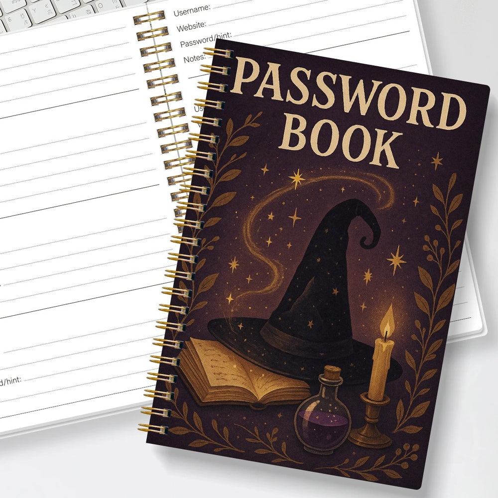 Password book with a witch hat and candle design on a white surface