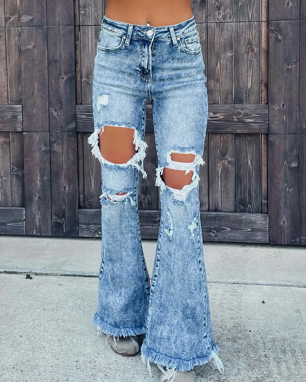 Blue Denim Ripped Flare Jeans pant for Women Raw Hem Pant - EX-STOCK CANADA