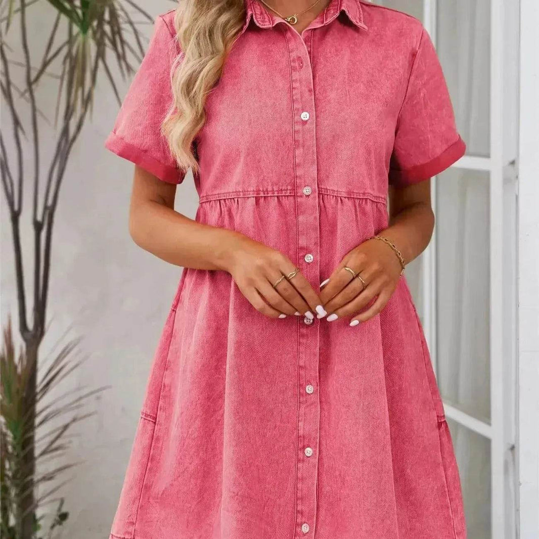 European And American Washed Denim Lapel Ruffled Denim Dress Jeans Flared dress Casual Denim mini dress - EX-STOCK Canada