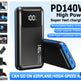 A black and blue high-power portable charger shown on a light blue promotional background with text highlighting 140W fast charging, large capacity, and dual port support. Small thumbnail images along the left side show additional angles/features.
