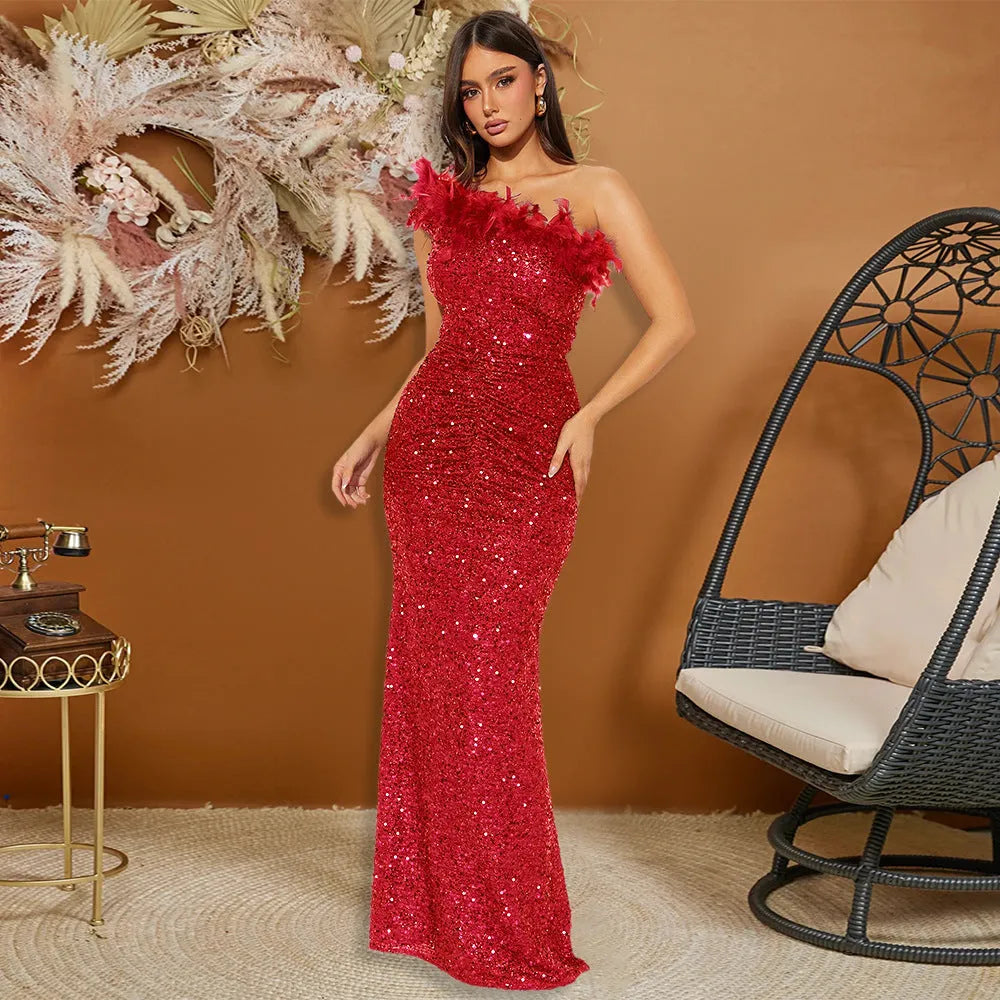 Luxury formal dress Feather Stitching Sequin Evening Dress Long dress - EX-STOCK CANADA