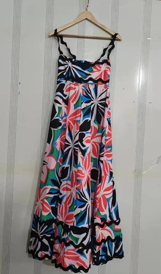 Flowers Print Wavy Pattern Suspender Long Dress For Women Fashion A-Line Beach Dresses Womens Clothing - EX-STOCK CANADA