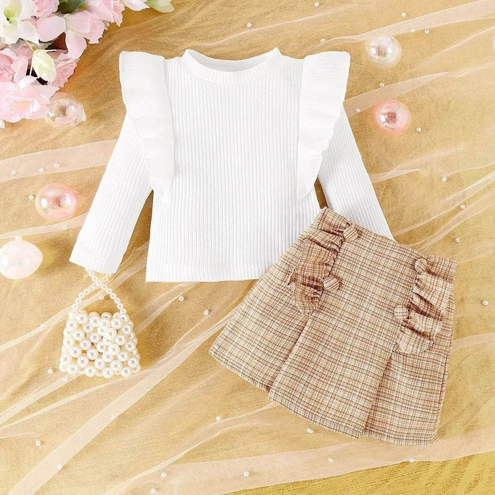Newborn baby girl Cross-border Sunken Stripe Long Sleeve Classic Style Plaid Short Skirt Two-piece Set for baby girl - EX-STOCK Canada