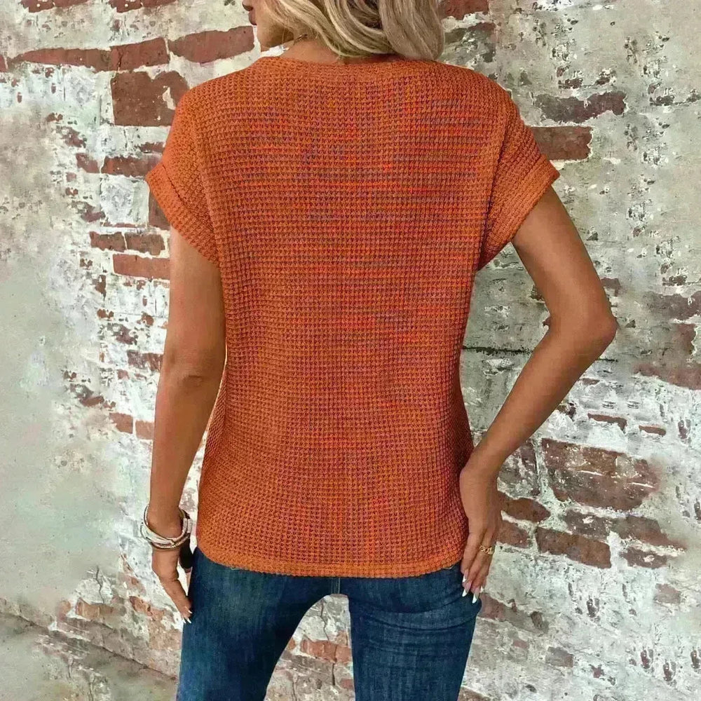 Casual Summer Short-sleeved Waffle blouse Top Summer New Solid Color Casual Evening Top For Women - EX-STOCK CANADA