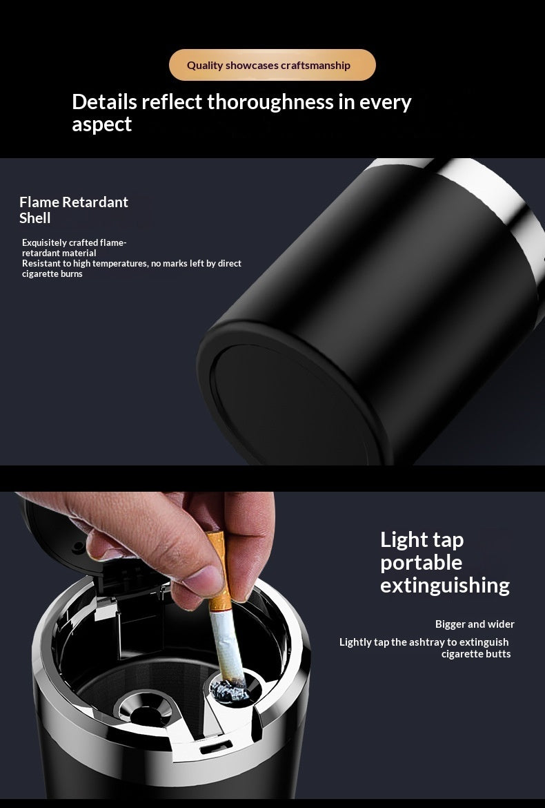 A promotional composite for a portable cigarette-ignition/extinguishing device. The top half shows a close-up of a black cylindrical product with a metallic rim on a dark background, with text highlighting a flame-retardant shell.