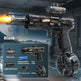 Toy gun with features listed on a gray background