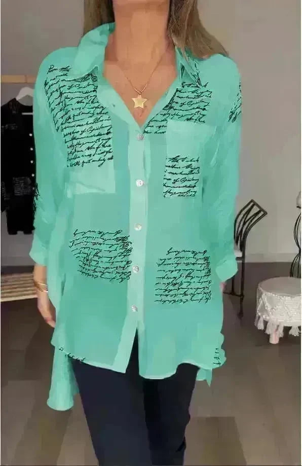Letter Print Long Sleeve Shirt Fashion Commuter Style Lapel Shirt Women's Clothing - EX-STOCK CANADA