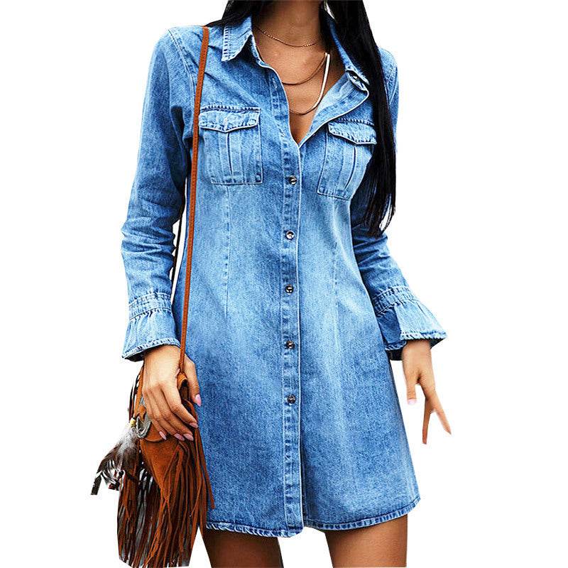 Long Sleeve Denim Button down Mini Dress Fashion Jeans Dress Women - EX-STOCK Canada
