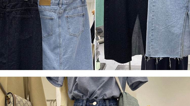 Casual Front Slit Dark Blue and Light Blue Denim Midi Skirt for women - EX-STOCK Canada