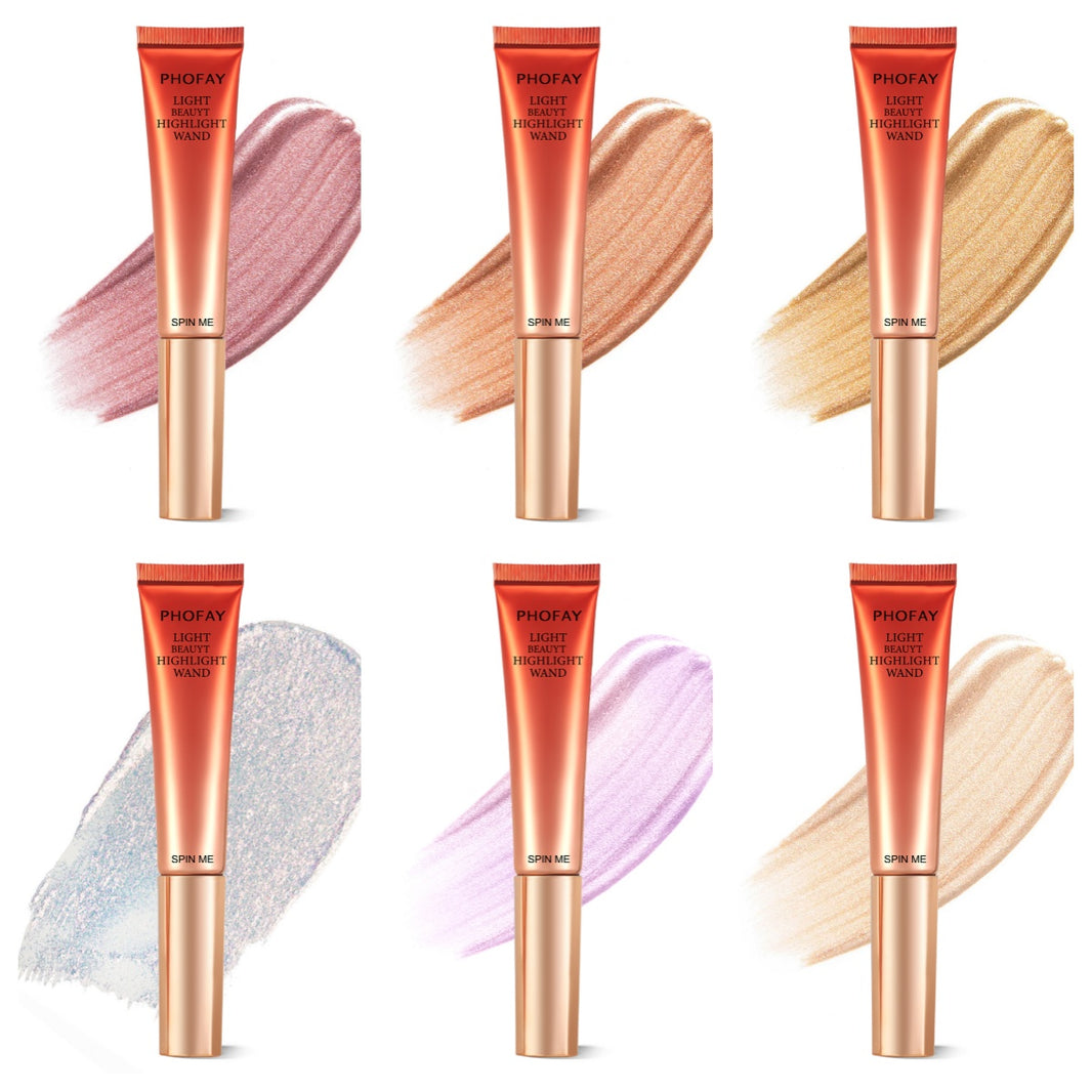 Set of Phoebe lip gloss tubes with color swatches on a white background