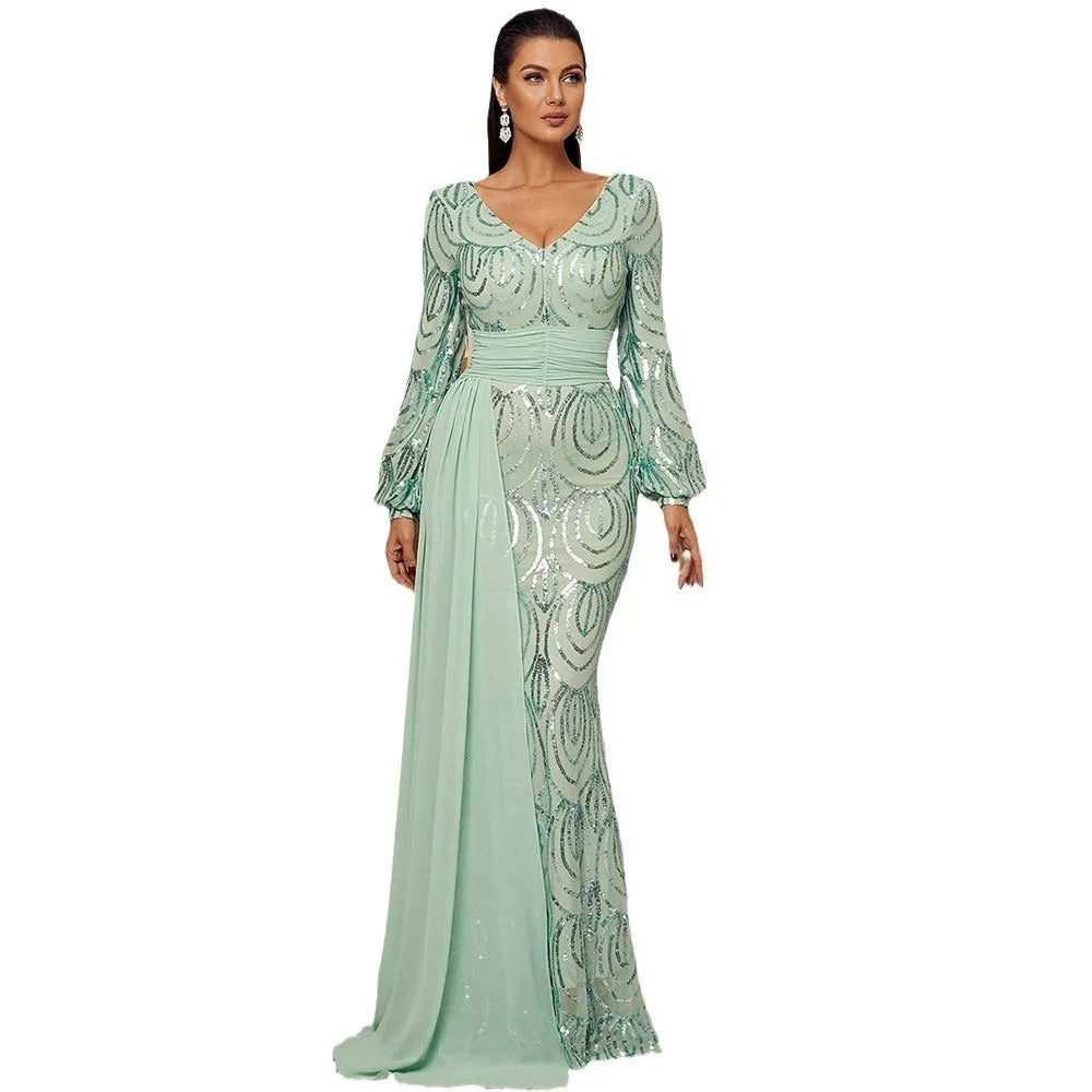 Long Sleeve Sexy Long Sequined V-neck Banquet Ribbon Evening Dress - EX-STOCK CANADA