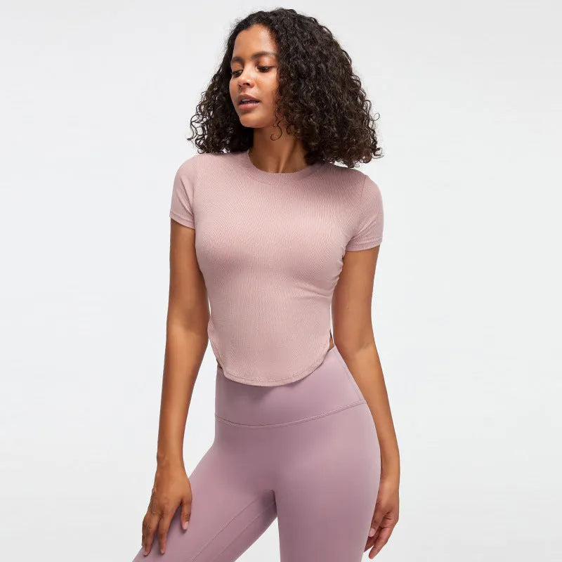 Rib Sports Short-sleeved Blouse With Chest Pad Workout Clothes Running T-shirt Beauty Back Tight - EX-STOCK CANADA