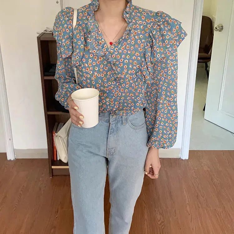French Retro Floral Blouse Women Wood Ear blouse Women - EX-STOCK CANADA