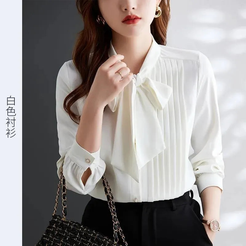 Women neck tie Chiffon Long Sleeve Shirt For work - EX-STOCK CANADA