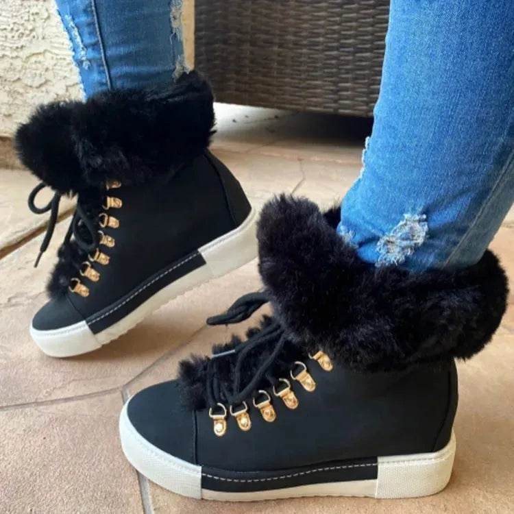 Lace-up Boots Cute Thick Sole Heighten Non Slip Snow Shoes Fall Winter Keep Warm Plush Lined Furry Ankle Boots Outdoor Walking Flat Shoes - EX-STOCK Canada