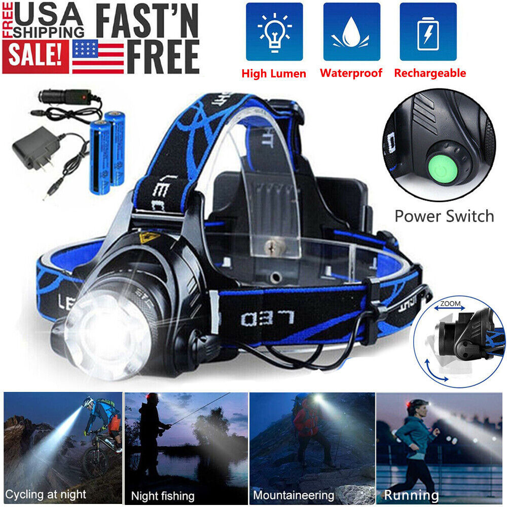 LED Headlamp Rechargeable Head Torch Zoom Headlight Lamp Super Bright Flashlight 3 Modes Light With 2 Li-ion Batteries 2 Charger EX-STOCK