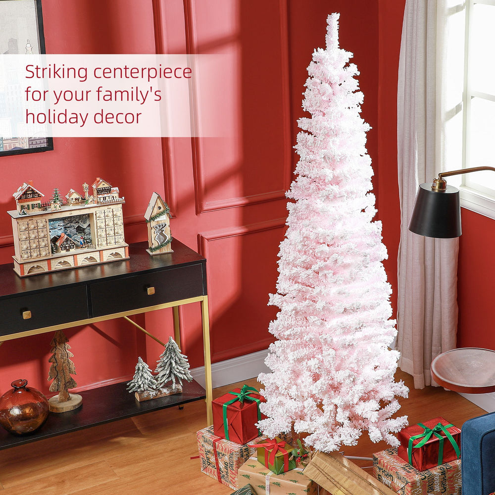 6ft Flocked Christmas Tree, Pencil Christmas Tree With Realistic Branch Tips, Folding Metal Stand EX-STOCK Canada 