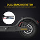 E-scooter with dual braking system highlighted on a black background