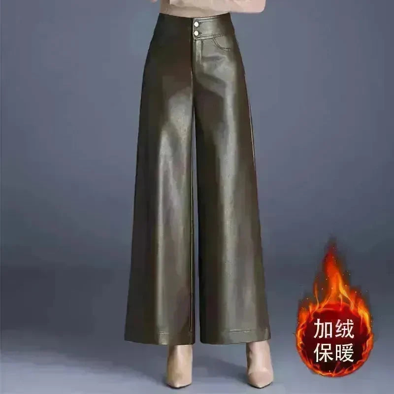 High Waist Thick Loose Big Leg Straight All-matching Wide Leg Leather trouser Pants For Women - EX-STOCK CANADA