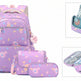 Purple backpack with colorful patterns and matching pouches on a white background Three-piece Cartoon-print Set Junior High School Backpack Weight-reducing Campus Bag