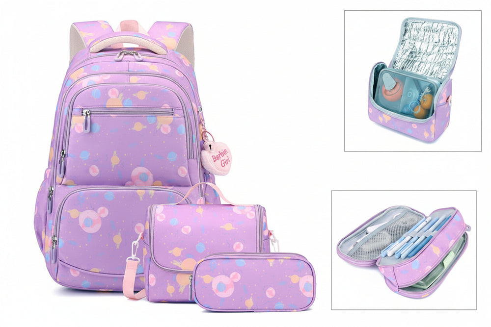 Purple backpack with colorful patterns and matching pouches on a white background Three-piece Cartoon-print Set Junior High School Backpack Weight-reducing Campus Bag