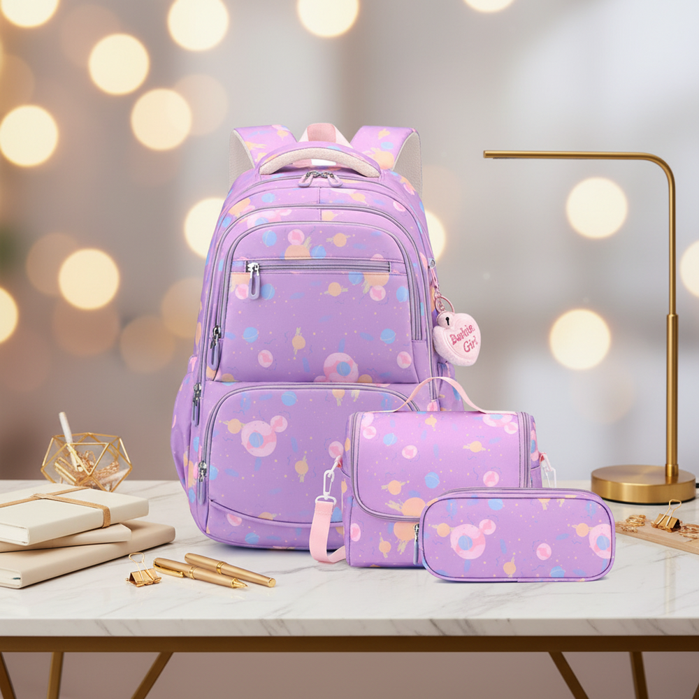 Three-piece Cartoon-print Set Junior High School Backpack Weight-reducing Campus Bag