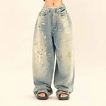 Washed Distressed Casual Loose Wide-leg Baggy Jeans Pant Splash-ink Design Slimming Unisex Style Mop Pants Men And Women - EX-STOCK Canada