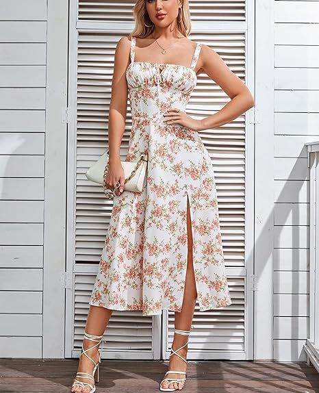 Spring Summer Sleeveless Floral Bohemian Corset flow Slit Midi Dress - EX-STOCK Canada