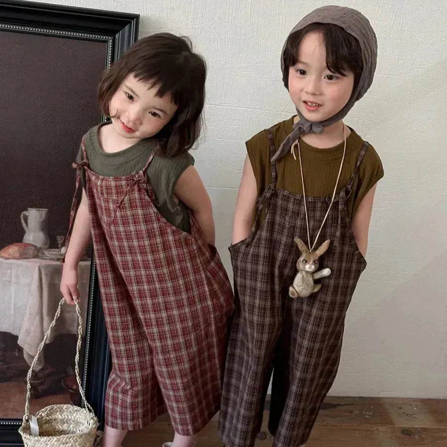 Summer Children's Plaid Overalls boy And girl Baby Unisex Mori Style Retro Jumpsuit Straight-leg Pants - EX-STOCK Canada