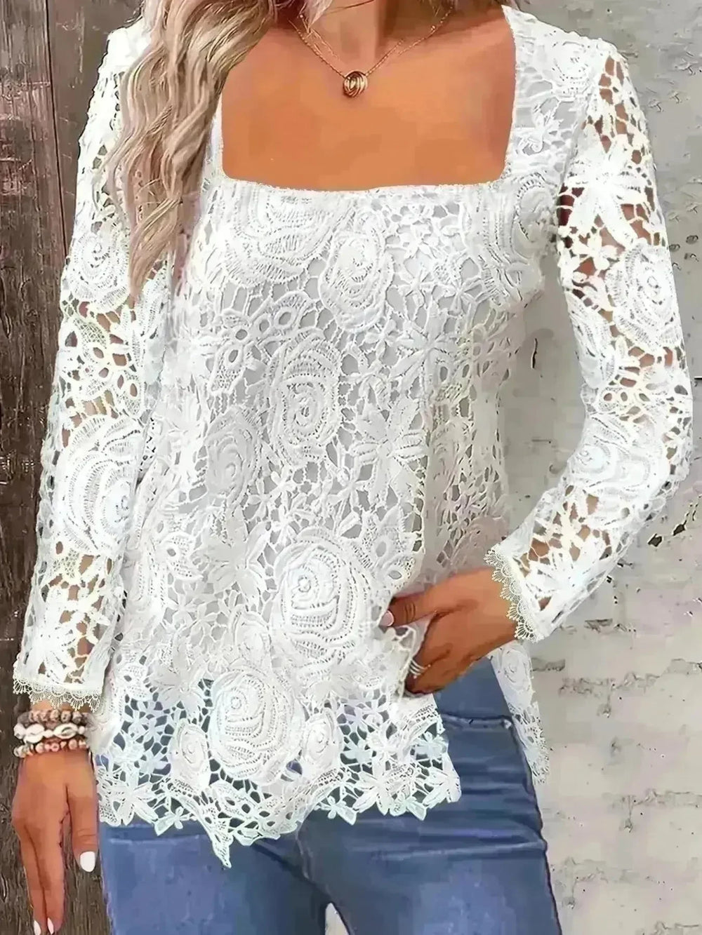 Fashionable Evening Top for Women Square Neck Long Sleeve Lace top Long Top for Women - EX-STOCK CANADA