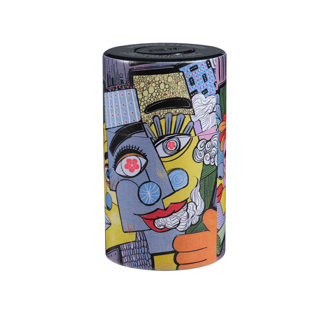 Colorful cylindrical container with abstract art design on a white background