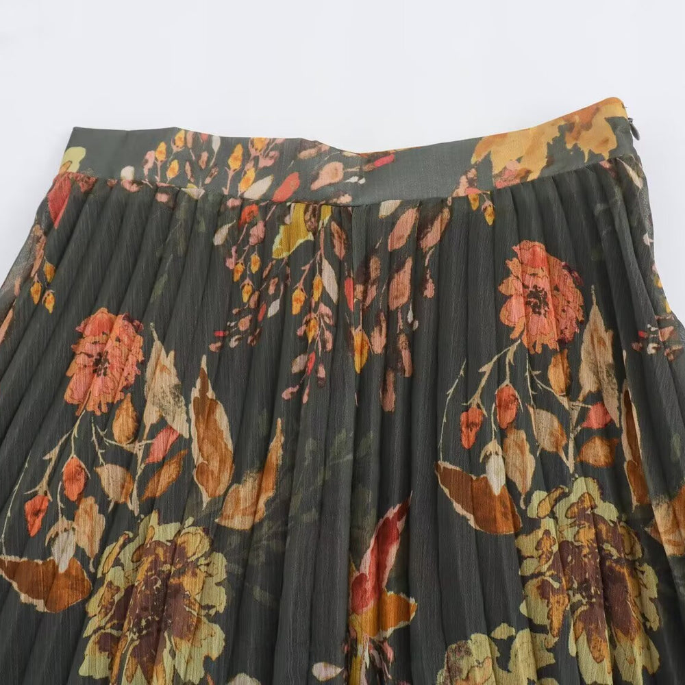 Women's Floral Pleated Midi Skirt – Autumn Print Chiffon A-Line | S–L