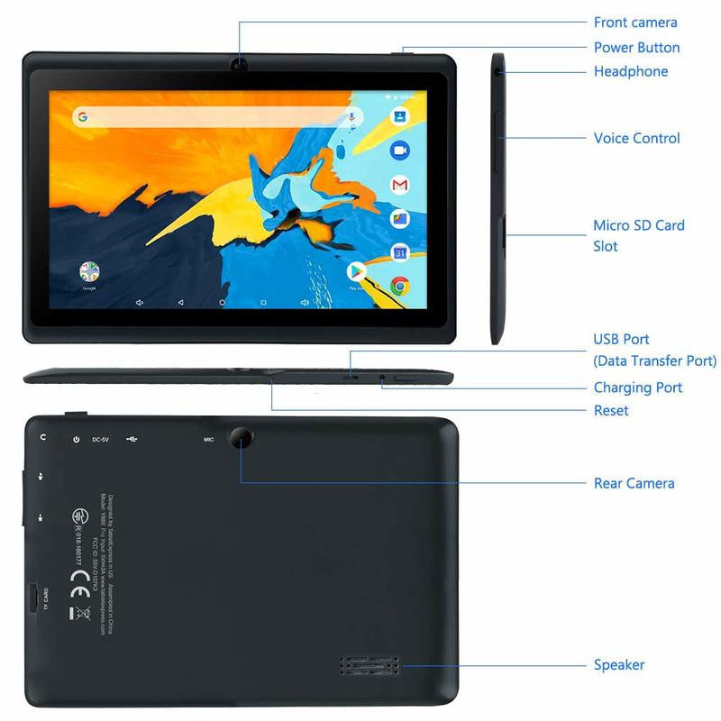 Black tablet with labeled features on a white background