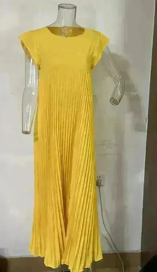 Women Summer Pleated Maxi Dress Casual Short Sleeve Crewneck Flowy Swing Long Dress with Pockets - EX-STOCK CANADA