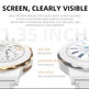 Two watches with text highlighting screen features on a white background