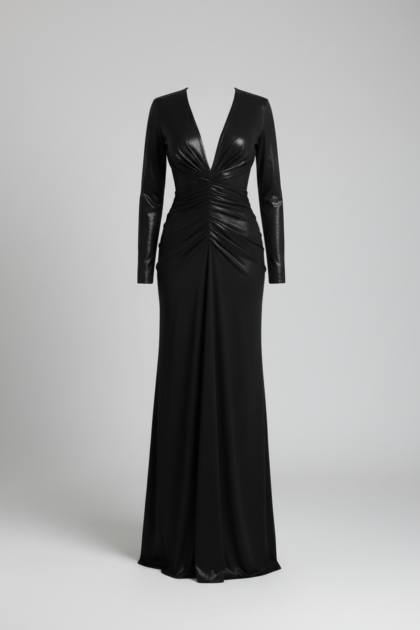 Women's Deep V-Neck Long Sleeve Slim-Fit Maxi Dress – Elegant Bodycon Evening Gown | Black | XS–XL 