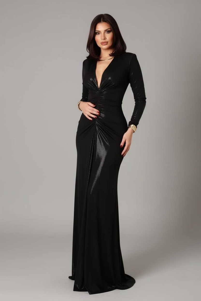 Women's Deep V-Neck Long Sleeve Slim-Fit Maxi Dress – Elegant Bodycon Evening Gown | Black | XS–XL 