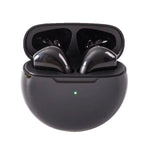 Black wireless earbuds in a charging case on a white background