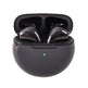 Black wireless earbuds in a charging case on a white background