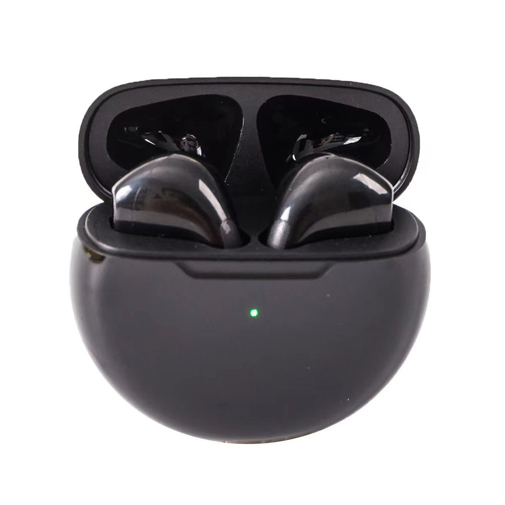 Black wireless earbuds in a charging case on a white background