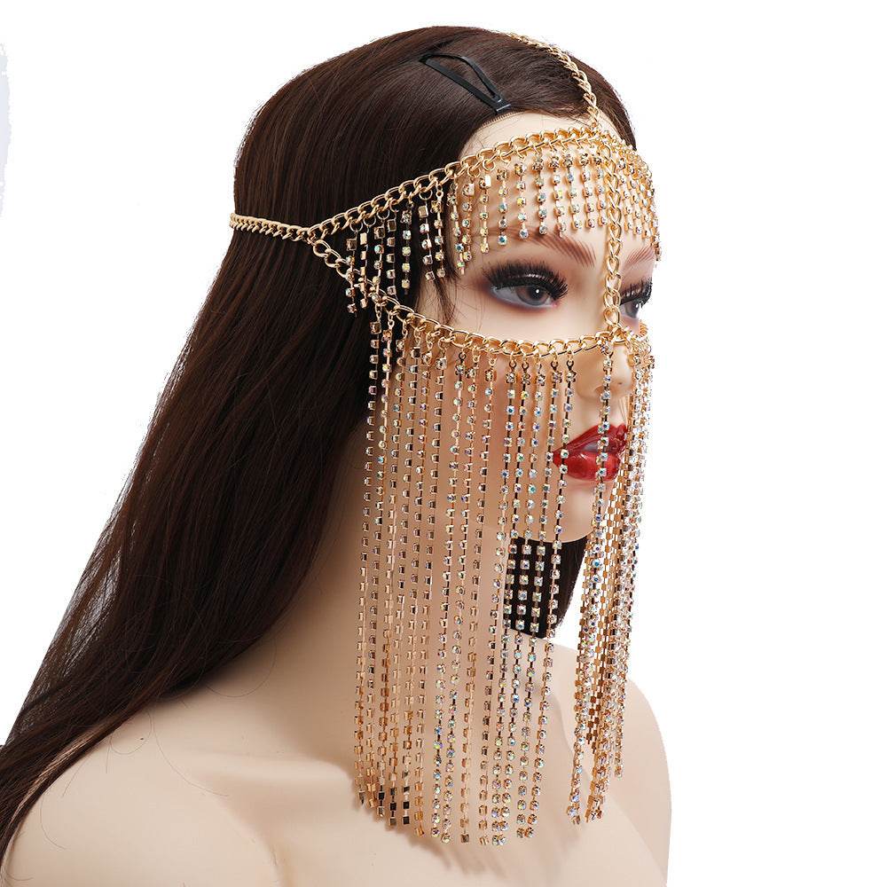 Punk Rhinestone Tassel Fringed Face Mask Head Chains - EX-STOCK Canada
