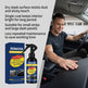 A promotional graphic for RONAVIA Plastic Restorer showing a man sitting inside a car while touching a black dashboard, alongside the product box and spray bottle. Text on the left describes benefits like resistance to dust and sticky touch, brightening interior light, suitability for small strips and large dash panels, and reduced maintenance time.