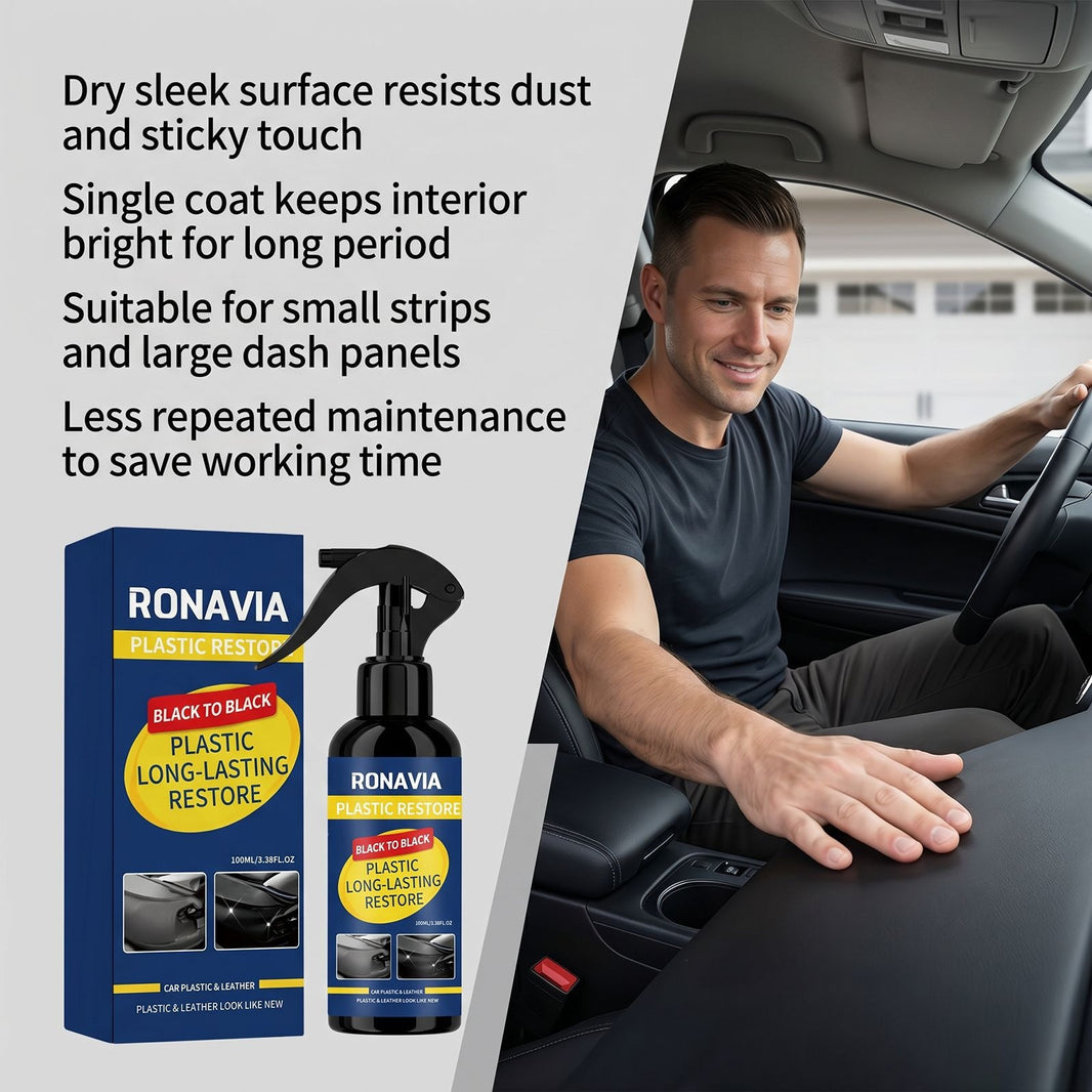 A promotional graphic for RONAVIA Plastic Restorer showing a man sitting inside a car while touching a black dashboard, alongside the product box and spray bottle. Text on the left describes benefits like resistance to dust and sticky touch, brightening interior light, suitability for small strips and large dash panels, and reduced maintenance time.
