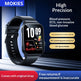 Black smartwatch with a rectangular digital display and textured black strap, shown on a dark blue promotional background with text highlighting high precision, blood pressure/ECG/glucose monitoring, IP67 waterproof, 10+ sports modes, and original strap included.
